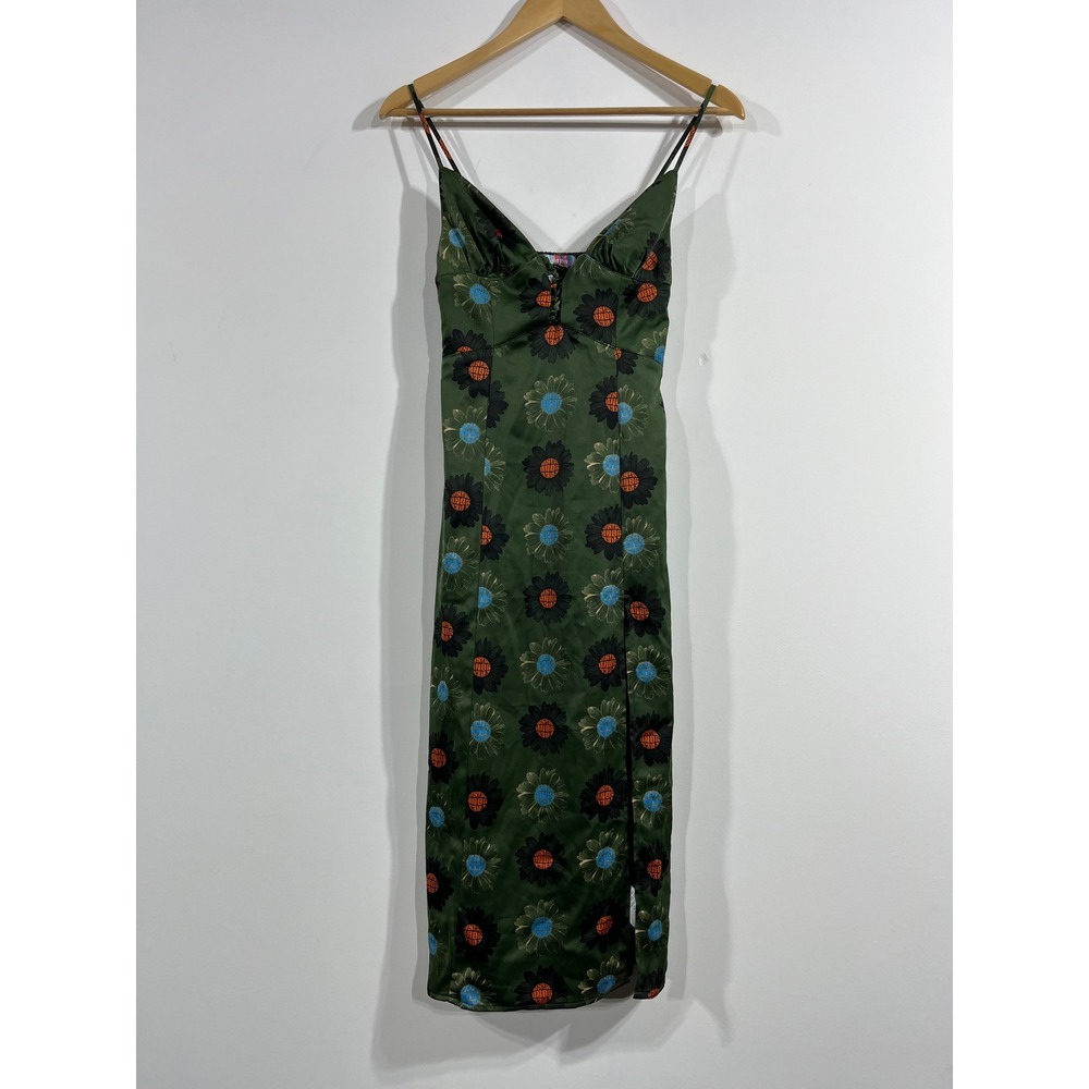 UO Psychedelic Y2K Fairy Grunge Green Floral Satin Midi Dress XS Retro Slit